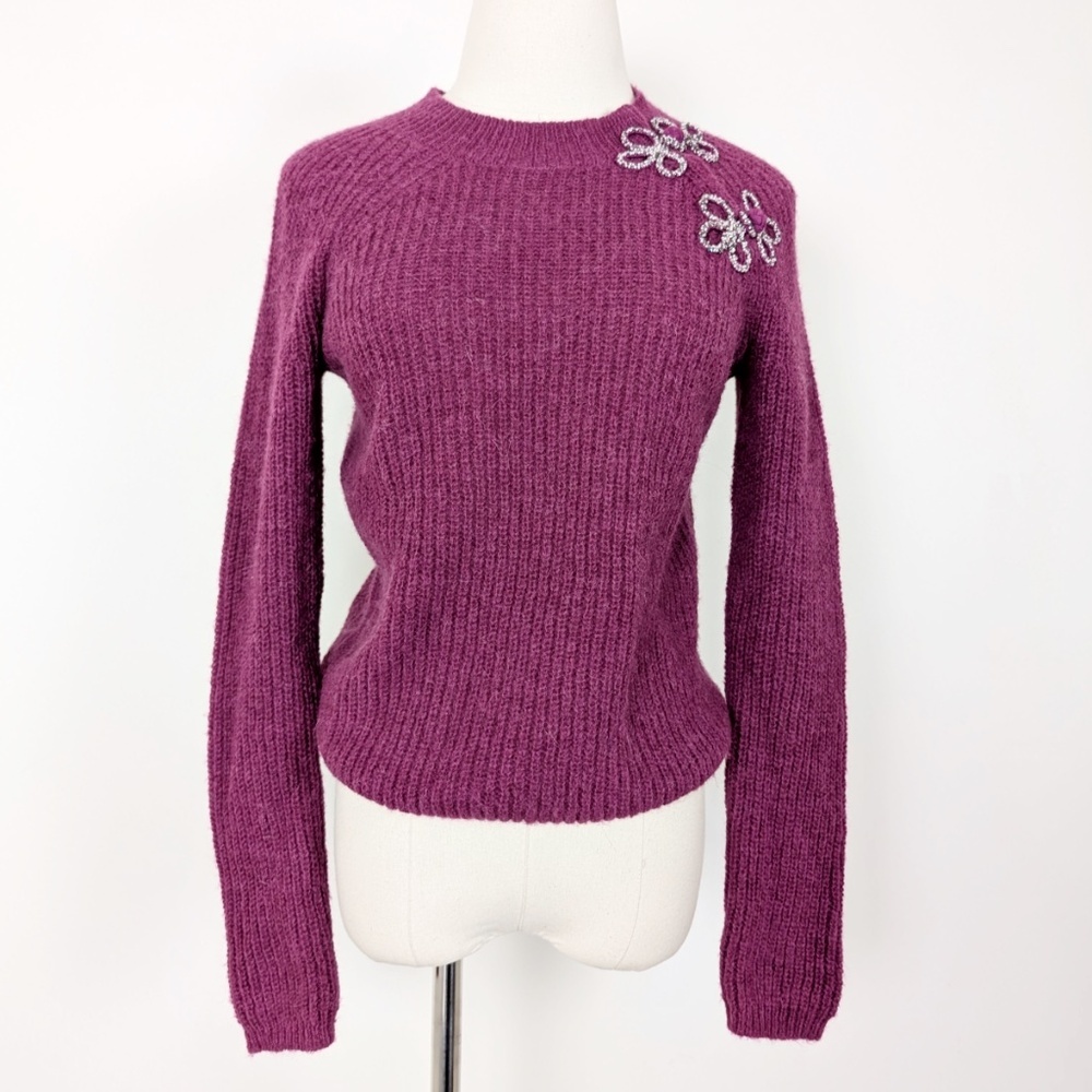 J. Crew Pink Knit Crew Neck Ribbed Long Sleeve Asymmetrical Beaded Shoulder